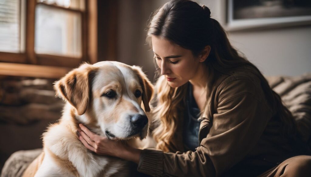 Ein Hund wird von seinem Besitzer getröstet und erhält eine angemessene Dosis Novalgin.