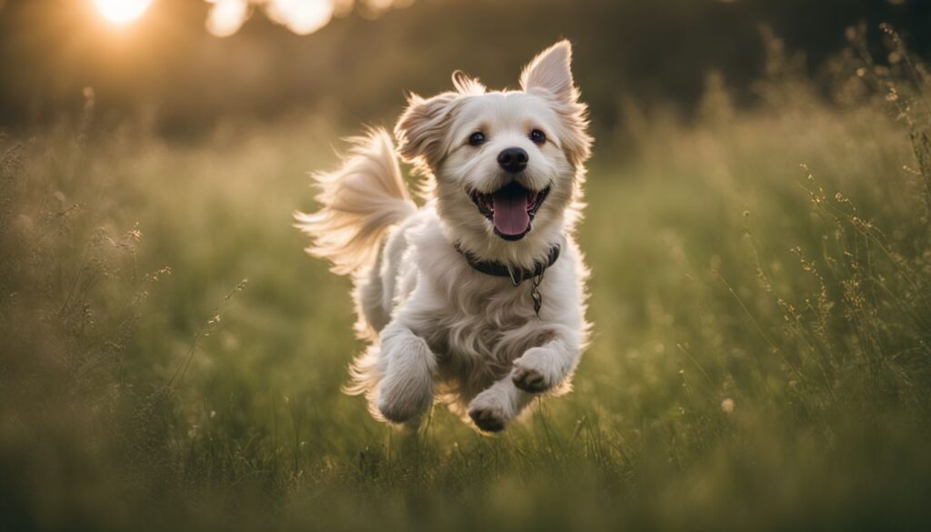 Ein glücklicher Hund rennt durch eine zeckenfreie Wiese.