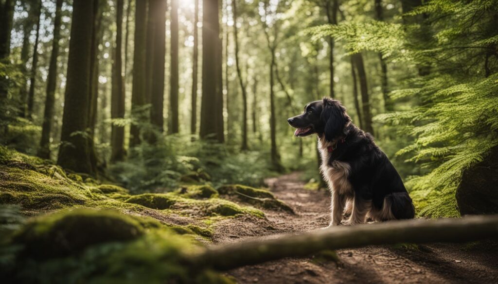 Ein Hund in einem grünen Wald umgeben von Zeckenpräventionsprodukten.